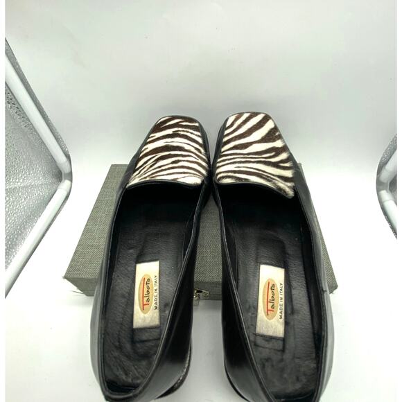 Talbots Loafer Italy Black Leather‎ Calf hair zebra print Square toe Women  7 - Picture 5 of 8
